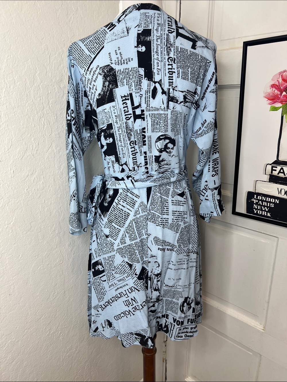 Diane Von Furstenberg Light Blue and Black Newspaper Print Wrap Dress - Picture 5 of 9